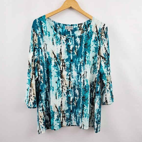 JM Collection Woman 2X Top Turquoise Abstract Print 3/4 Sleeve Stretch Fall Work - Picture 8 of 8